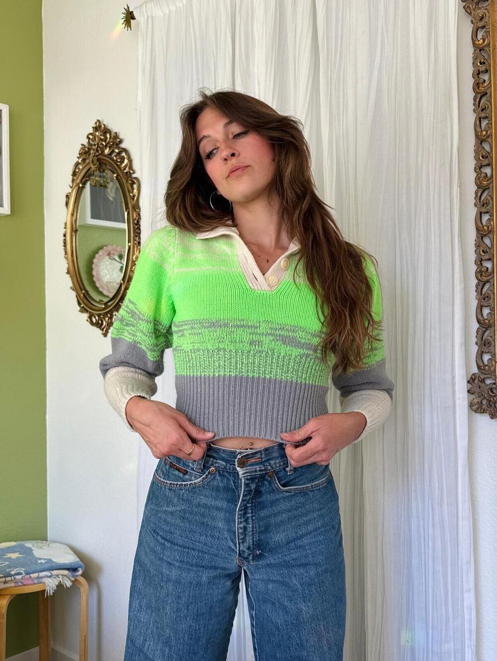 Futuristic Electric Green Wool Blend Baby Henley Sweater